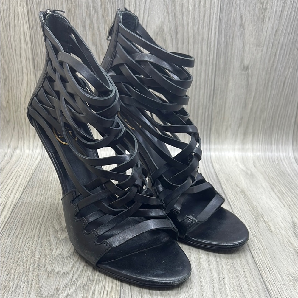 ASH Leather Scrappy Cage Zipper Elegant Black Strappy Heels